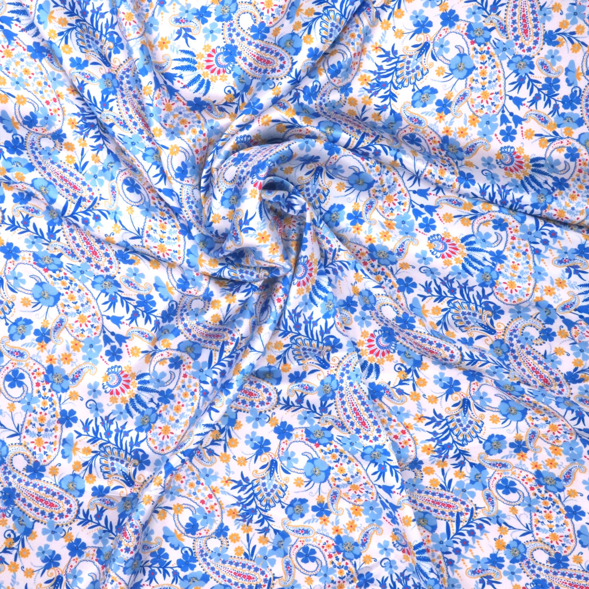 White and Blue Floral and Paisleys Printed Silk Charmeuse Fabric Rex Fabrics