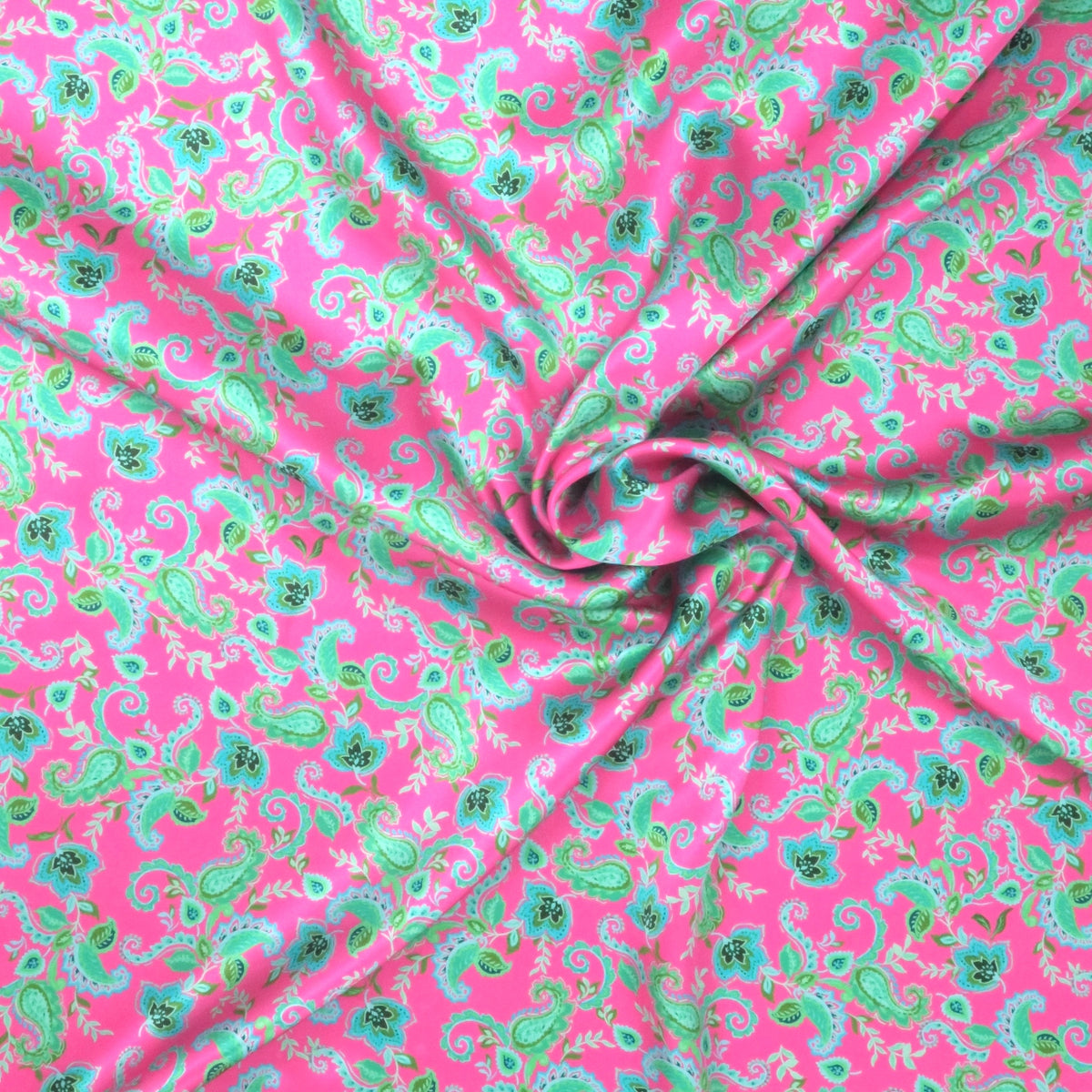 Fuchsia and Green Floral and Paisleys Printed Silk Charmeuse Fabric Rex Fabrics