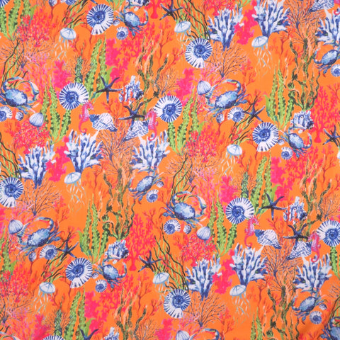 Multicolored Coral Reef and Shells on Orange Background Charmeuse Polyester Fabric - Rex Fabrics