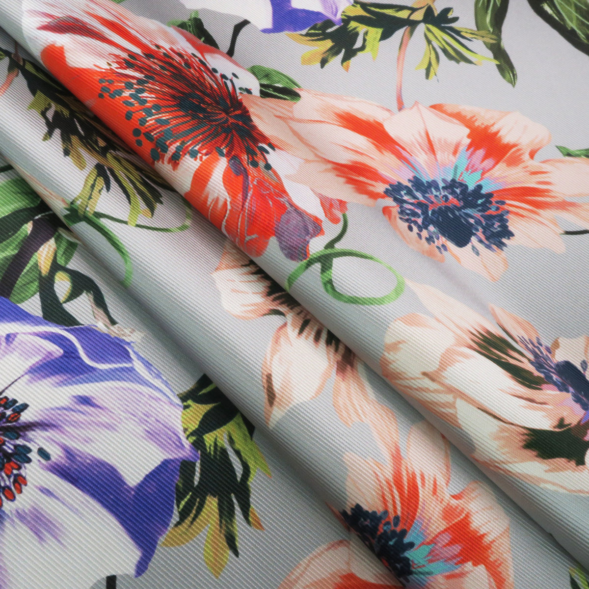 Blue and Red Floral on Grey Background Printed Polyester Mikado Fabric– Rex  Fabrics