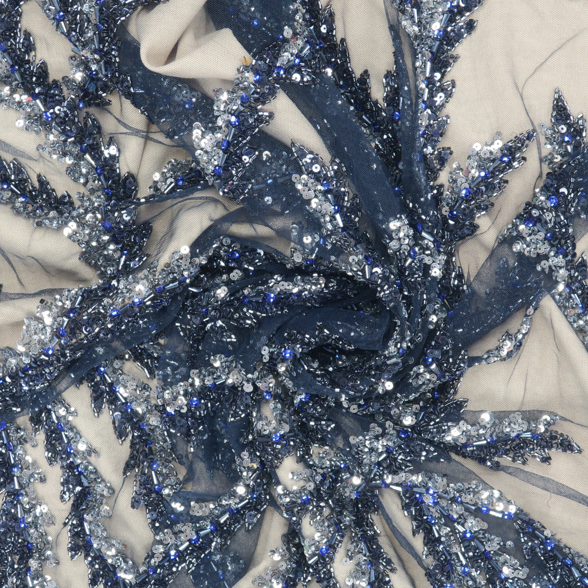 Blue Beaded and Sequined Abstract Embroidered Tulle Fabric Rex