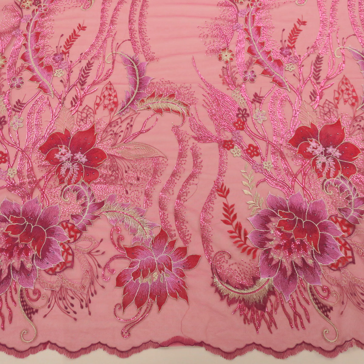 Fuchsia Floral with Swarovski Crystals Embroidered Tulle Fabric | Rex Fabrics