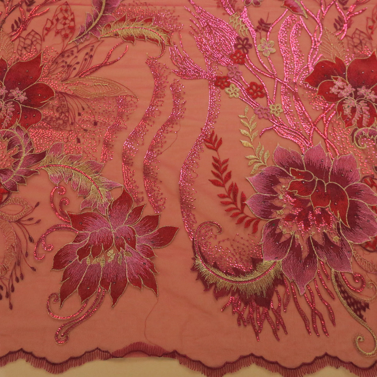 Fuchsia Floral with Swarovski Crystals Embroidered Tulle Fabric | Rex Fabrics