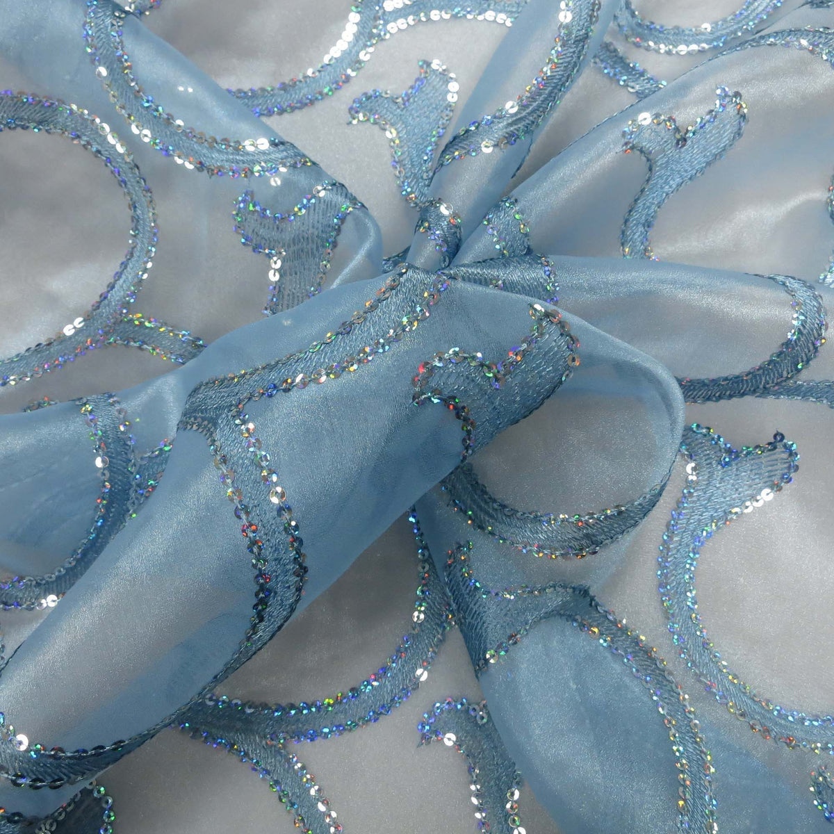 Sky Blue Sequin Embroidered Spiral Decorative Organza