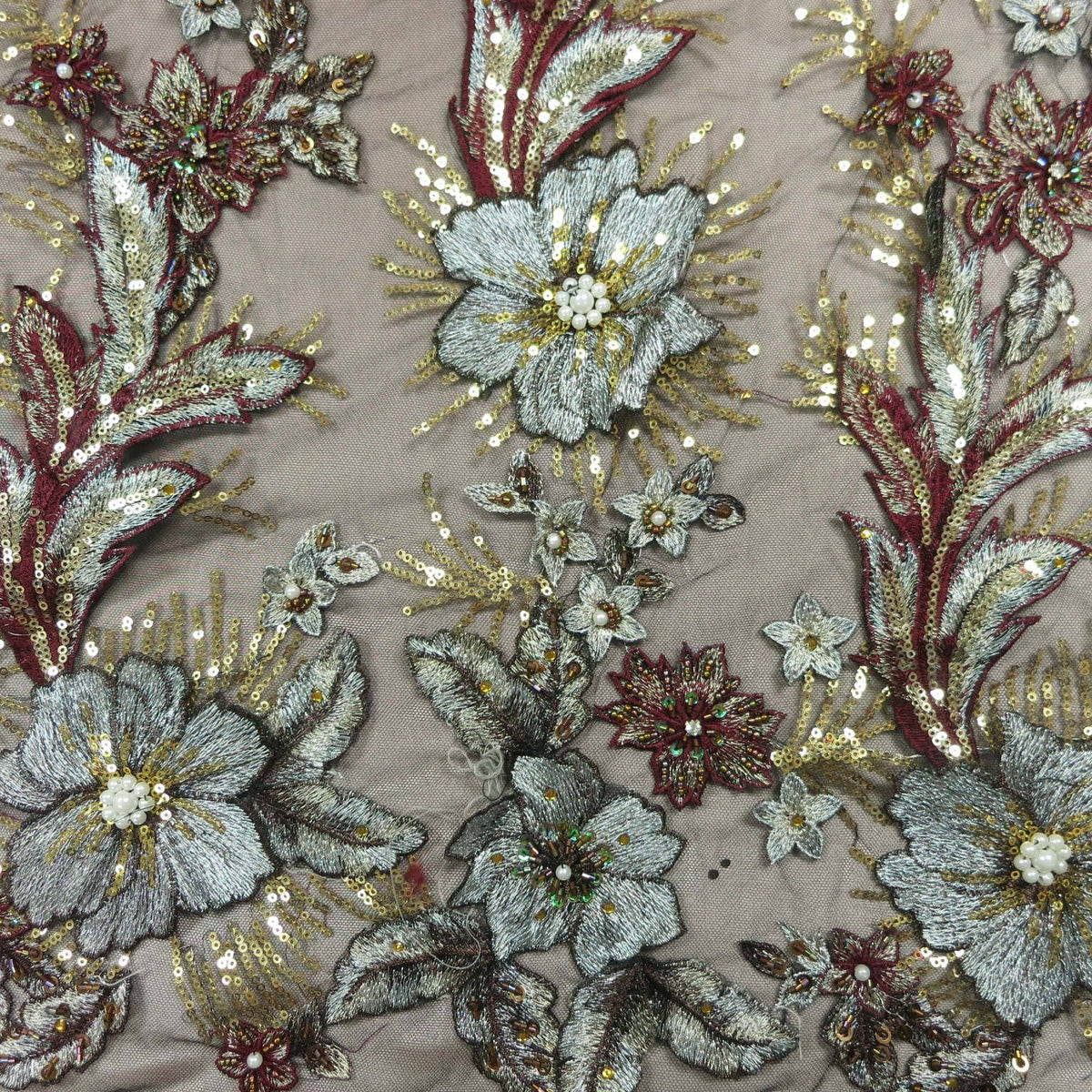Silver and Burgundy Sequin Beaded Embroidered Tulle Fabric