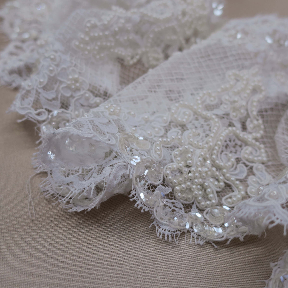 White French Beaded Floral Corded Lace Trim