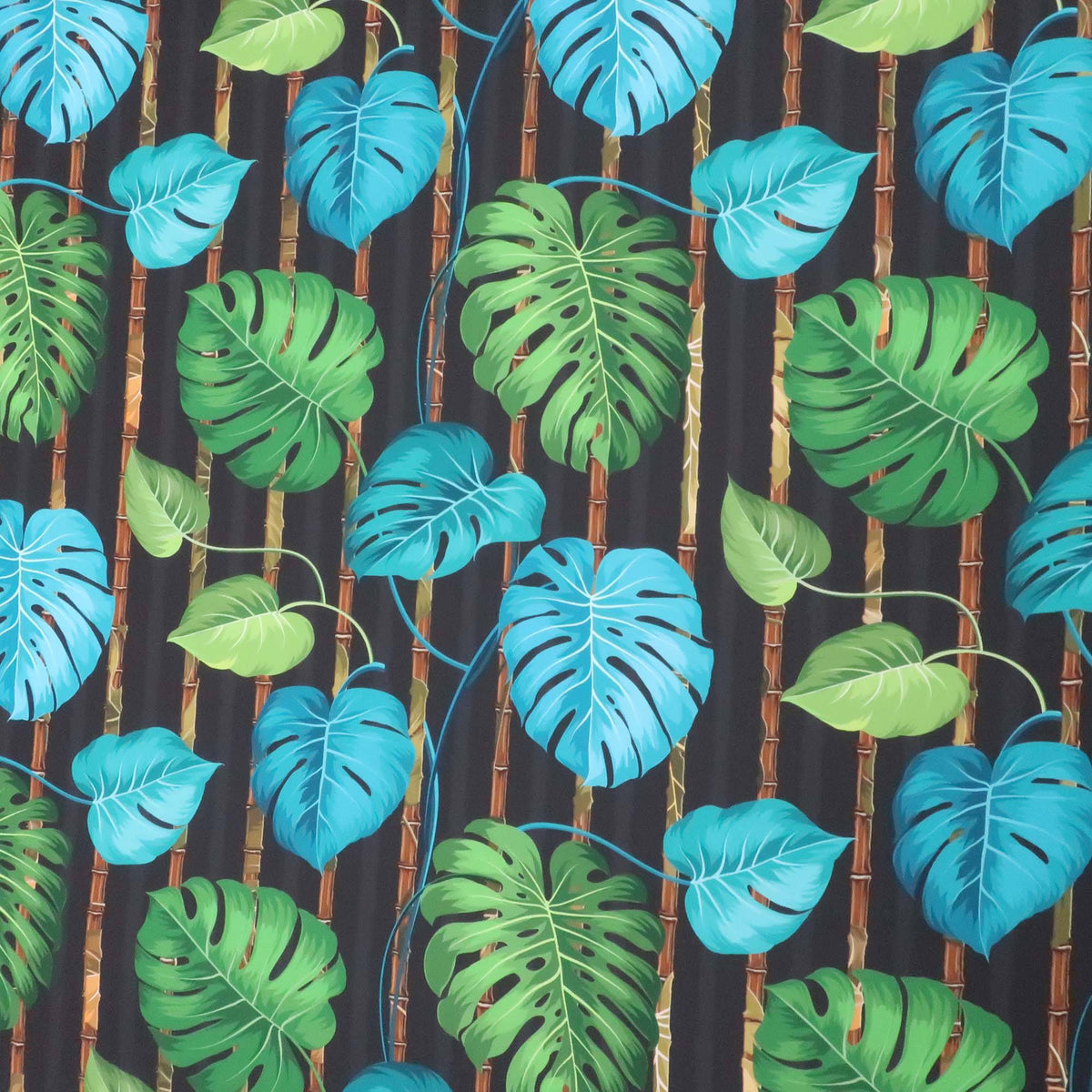 Brown Background with Green and Aqua Monstera Leaves Multicolored Floral  Printed Polyester
