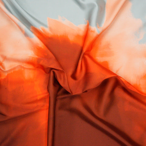 Abstract Fiery Smoke Print on Powder Blue Polyester Charmeuse Fabric