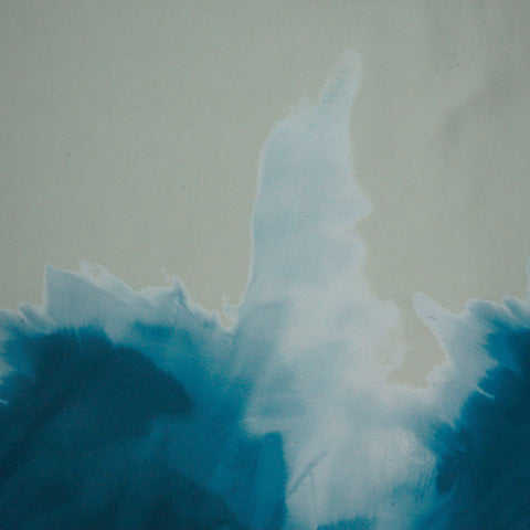 Abstract Oceanic Wave Print on Sage Cream Polyester Charmeuse Fabric