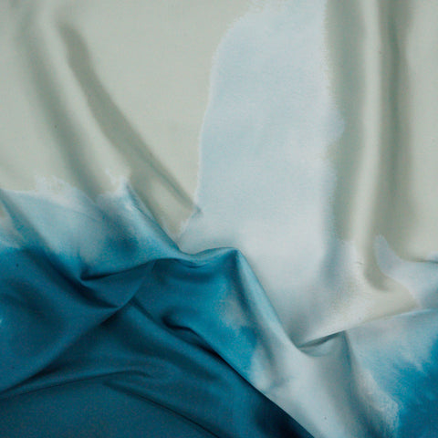 Abstract Oceanic Wave Print on Sage Cream Polyester Charmeuse Fabric