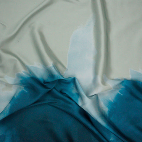 Abstract Oceanic Wave Print on Sage Cream Polyester Charmeuse Fabric
