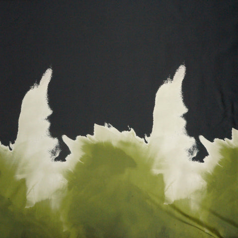 Abstract Olive Smoke Print on Charcoal Noir Polyester Charmeuse Fabric