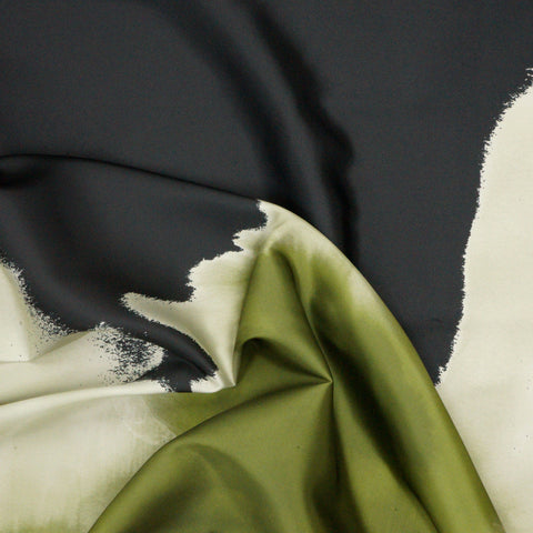 Abstract Olive Smoke Print on Charcoal Noir Polyester Charmeuse Fabric