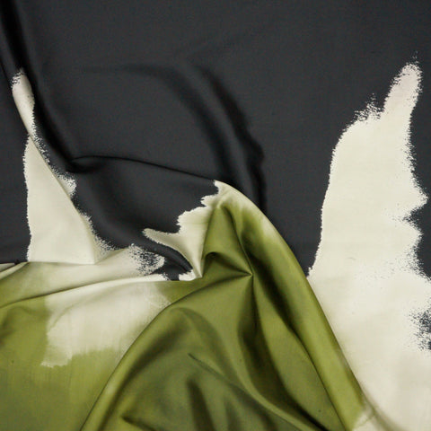 Abstract Olive Smoke Print on Charcoal Noir Polyester Charmeuse Fabric