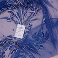 Royal Blue Modern Rhinestones and Bugle beads on Embroidered Tulle Fabric Panel - Rex Fabrics