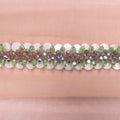 Light Green and Ivory Crystals Abstract on Nude Tulle Crystal Beaded Rhinestone and Bugle Beads Trim - Rex Fabrics