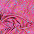 Mustard and Aqua Paisleys on Hot Pink Background Printed Silk Charmeuse Fabric - Rex Fabrics