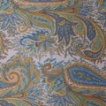 Blue and Pale Yellow Paisley on Ivory Background Printed Silk Charmeuse Fabric - Rex Fabrics