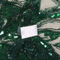 Dark Green Foliage Floral Sequins and Beads on Embroidered Tulle Fabric - Rex Fabrics