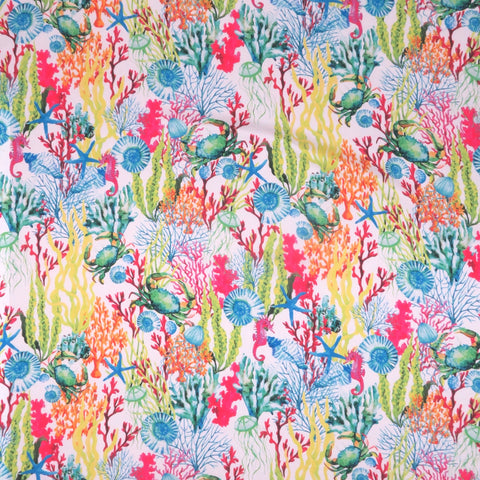 Multicolored Marine Coral Reef on White Background Charmeuse Polyester Fabric - Rex Fabrics