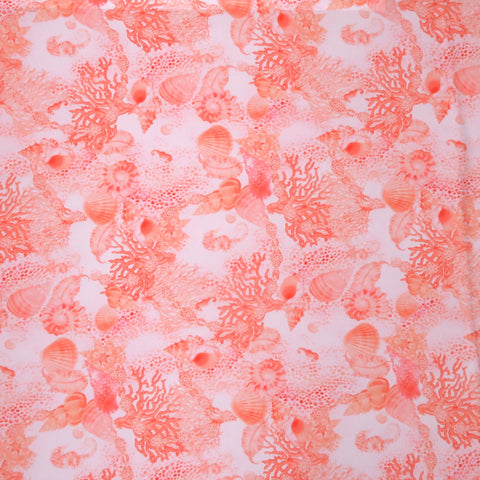 Coral with Shells on White Background Charmeuse Polyester Fabric - Rex Fabrics
