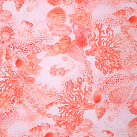 Coral with Shells on White Background Charmeuse Polyester Fabric - Rex Fabrics