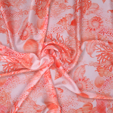 Coral with Shells on White Background Charmeuse Polyester Fabric - Rex Fabrics