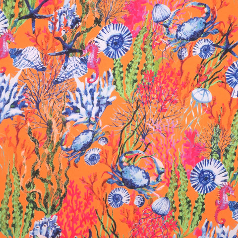 Multicolored Coral Reef and Shells on Orange Background Charmeuse Polyester Fabric - Rex Fabrics