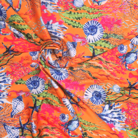 Multicolored Coral Reef and Shells on Orange Background Charmeuse Polyester Fabric - Rex Fabrics