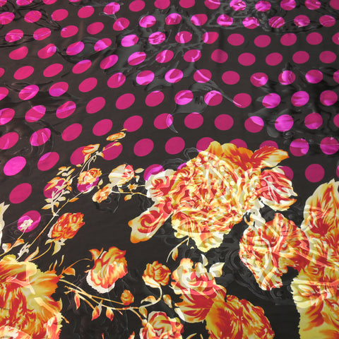 Floral and Dots Orange and Fuchsia Silk Chiffon and Charmeuse Printed Fabric - Rex Fabrics