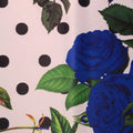 Dots and Blue Roses on White Printed Polyester Mikado Fabric - Rex Fabrics