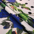Dots and Blue Roses on White Printed Polyester Mikado Fabric - Rex Fabrics
