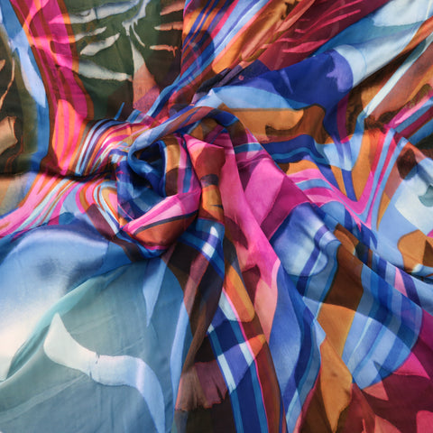 Blue with Fuchsia and Red Abstract Silk Chiffon and Charmeuse Fabric - Rex Fabrics