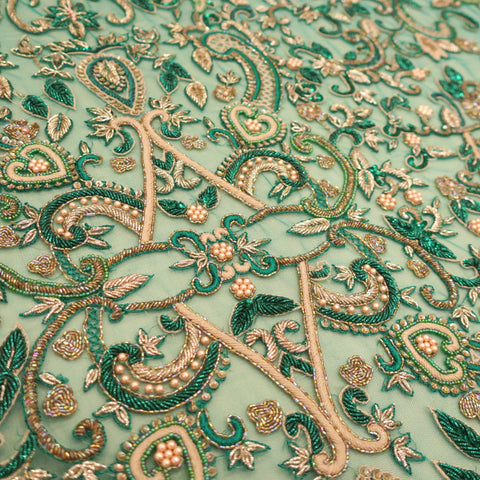 Green and Gold  Floral Arabesques Embroidered Tulle Fabric - Rex Fabrics