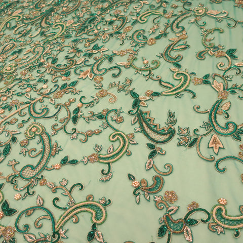 Green and Gold  Floral Arabesques Embroidered Tulle Fabric - Rex Fabrics