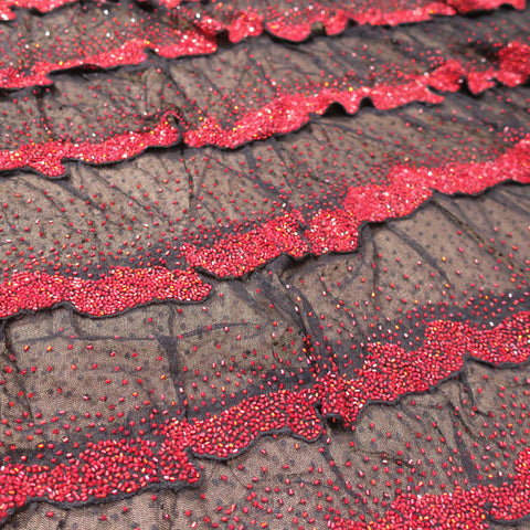 Black with Red Accents Abstract Embroidered Tulle Fabric - Rex Fabrics