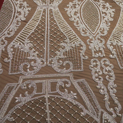 Black Tulle with White Arabesque and Lattice Embroidered Fabric - Rex Fabrics