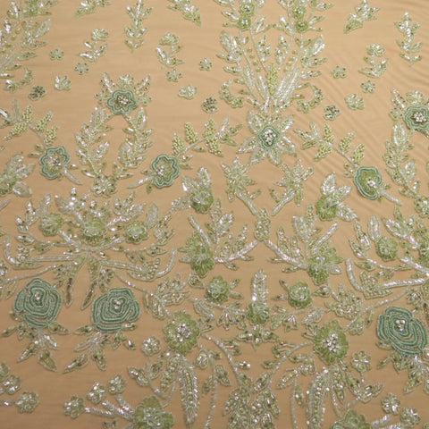 Light Green Floral Embroidered Tulle Fabric - Rex Fabrics
