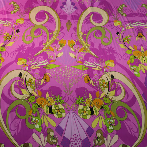 Gold with Green Accents and Fuchsia Background Floral Printed Silk Charmeuse Fabric - Rex Fabrics