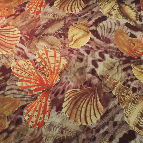 Sea Shells on a Brown Background Printed Silk Charmeuse Fabric - Rex Fabrics
