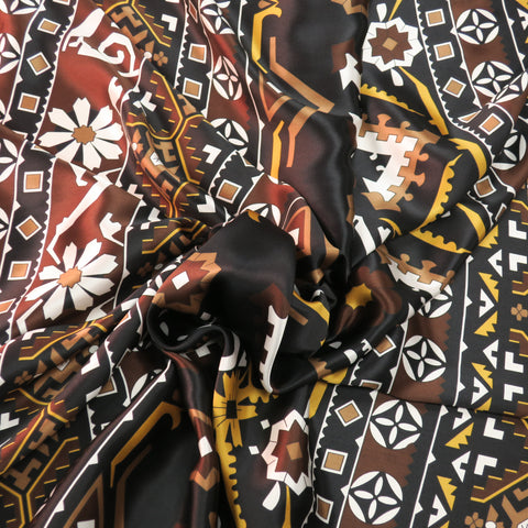 White Light Brown on a Dark Brown Background Floral Printed Silk Charmeuse Fabric - Rex Fabrics