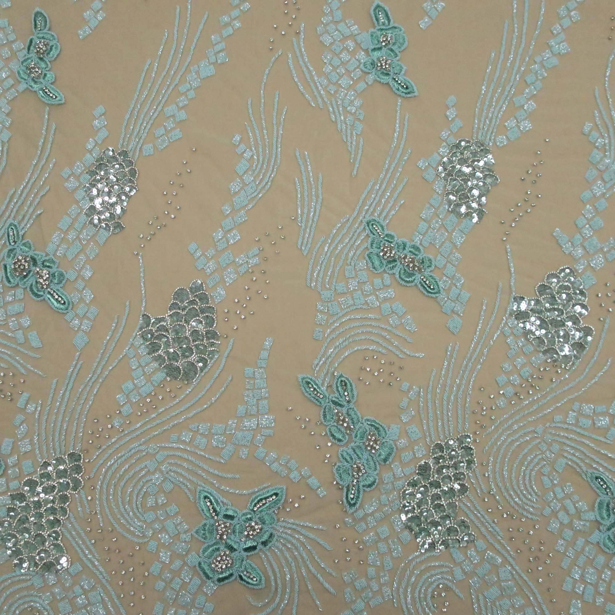 Aqua Bugle Beads Floral Embroidered Tulle Fabric– Rex Fabrics