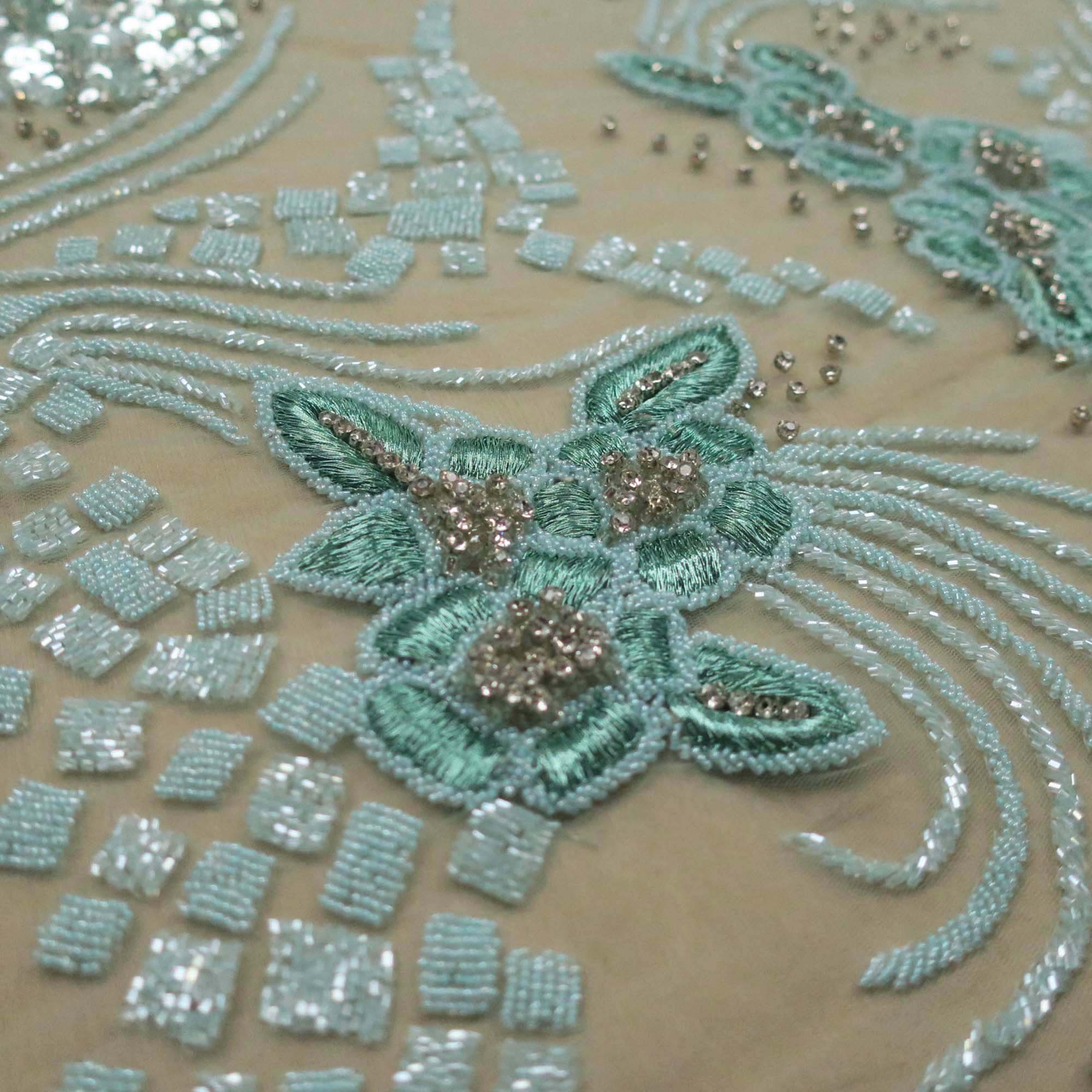 Aqua Bugle Beads Floral Embroidered Tulle Fabric | Rex Fabrics