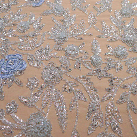 Clear Background with Sky Blue Accents Floral Embroidered Tulle Fabric - Rex Fabrics
