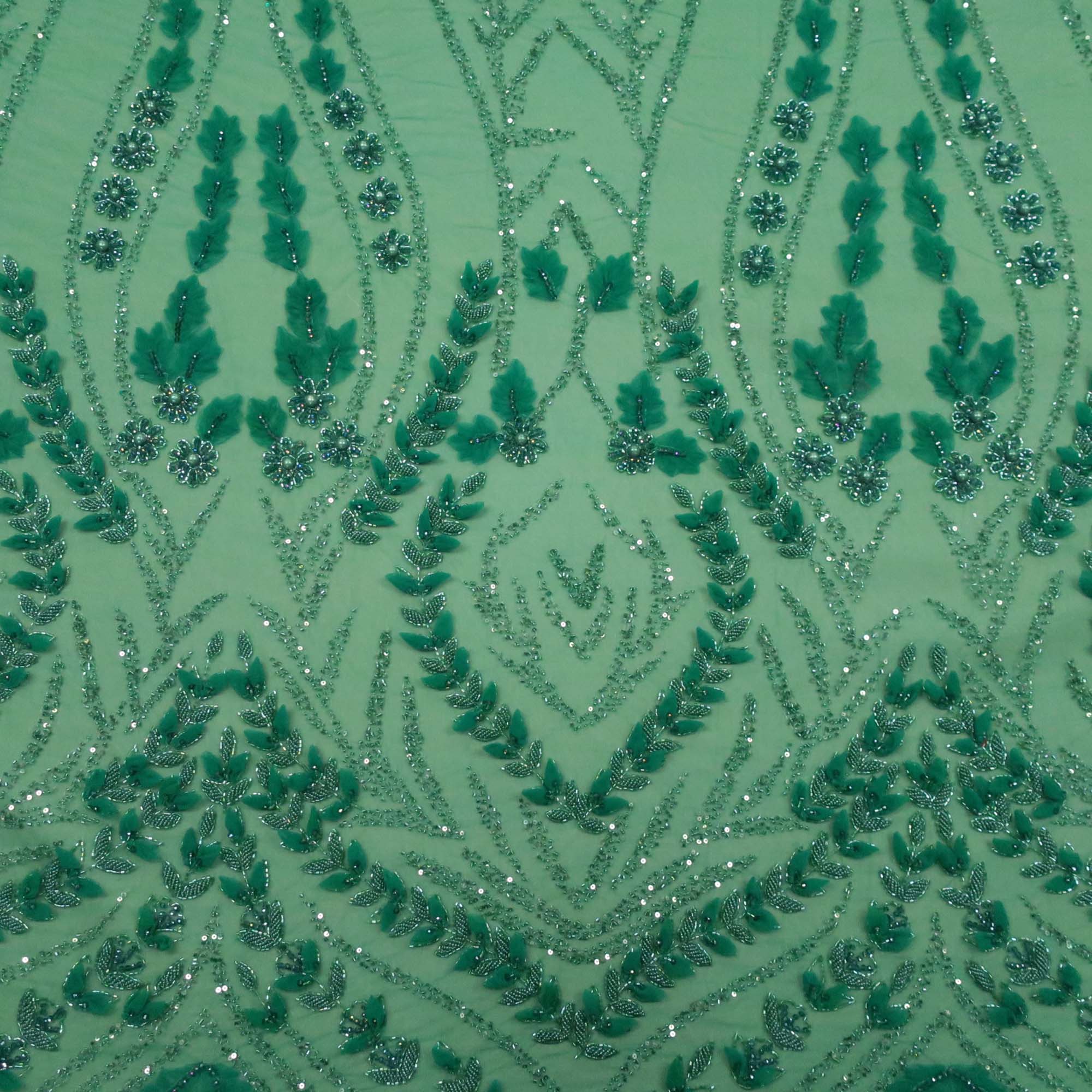 Green Bugle Beads Floral Embroidered Tulle Fabric– Rex Fabrics