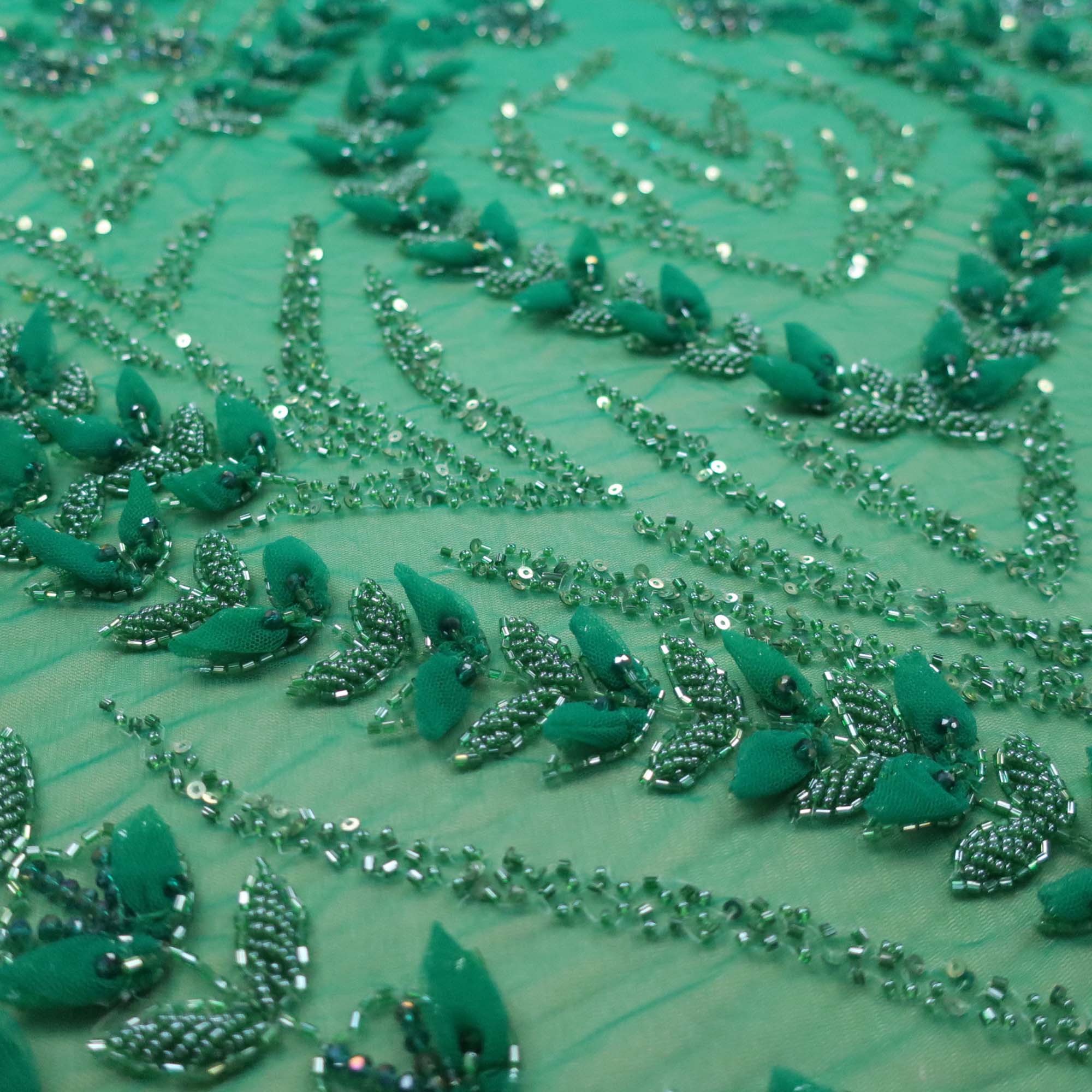Green Bugle Beads Floral Embroidered Tulle Fabric– Rex Fabrics