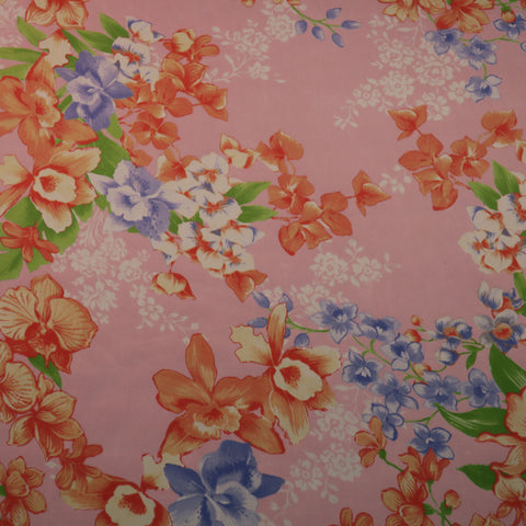 Light Blue and Coral with a Light Pink Floral Printed Silk Charmeuse Fabric - Rex Fabrics