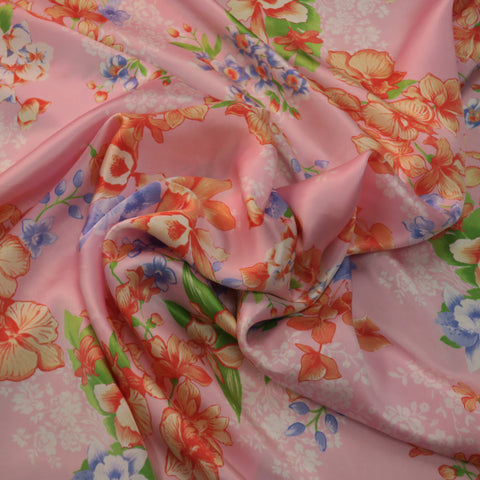 Light Blue and Coral with a Light Pink Floral Printed Silk Charmeuse Fabric - Rex Fabrics