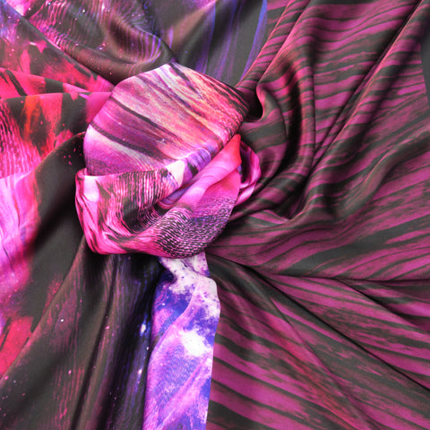 Space Purple and Black Printed Silk Charmeuse Fabric - Rex Fabrics