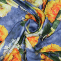 Orange, Yellow and White Flowers on Blue Background Charmeuse Polyester Fabric - Rex Fabrics